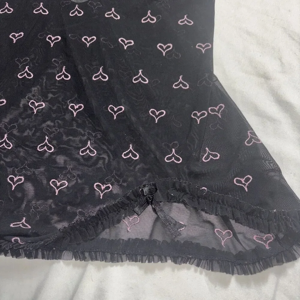 Romantic Erotic Babydoll Lingerie 36B M Black Pink Heart Sheer Lace Trim Sexy W